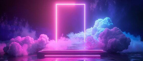 Poster - Product Stand blue pink violet neon square abstract background, studio modern ultraviolet light. Cloud in room pastel, Glowing podium, performance stage decorations, Stage of cloud light. 3d rendering