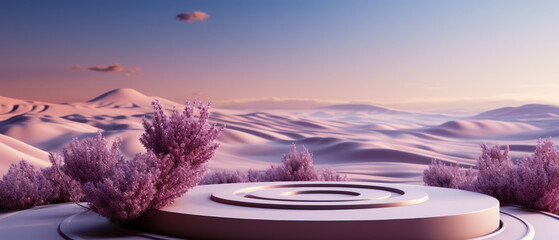 Wall Mural - Empty product podium with lavender, ellipse, frosted set against abstract panoramic background with lavender flowers around, in the style of 3D render