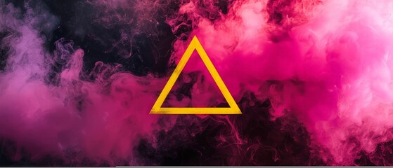 The yellow shape of a triangle on a pink cloud of smoke on a black background