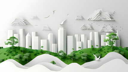 oung tree, Achieve sustainable growth, World Environment Day. White eco urban city and nature landscape background paper art style.