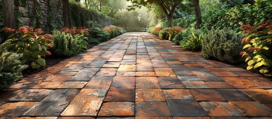 Poster - Brick walkway winding through a scenic garden area with an abundance of green plants and trees