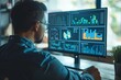 © Old Man Stocker - Professional Analyzing Data on Computer Monitors. Professional studies complex data analytics on multiple monitors, indicating a high level of detail and analysis.