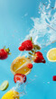 Tropical juicy fruits in water on blue background. Healthy food concept. Vertical image