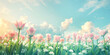 Illustration of  pink tulips field. Spring landscape banner
