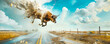 A cow hovering over the road in a surreal photo. Animal freedom feeling. Panorama