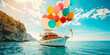 Bright party on a ship in sea with colorful balloons . Summer travelling illustration.
