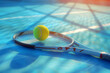 Tennis yellow ball, racket on the court. Healthy lifestyle concept.