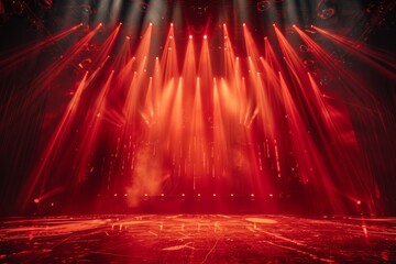 Rock concert stage light background with spotlight illuminated the stage for night music festival. Performance event stage. Empty stage with dramatic red colors. Entertainment, Generative AI