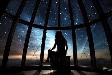 Wall Mural - Witch's Observatory: A witch gazing at the stars through a futuristic telescope.