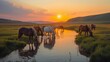 Herd of Horses at Sunset by Tranquil River. Serene scene of a herd of horses drinking at a river with a breathtaking sunset over the expansive grasslands.