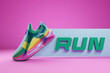 3d illustration  colorful new sports sneakers  on a huge foam sole, sneakers in an ugly style. Fashionable sneakers.