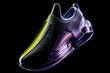 3d illustration of colorful   sneakers with foam soles and closure under neon color on a black background. Sneakers side view. Fashionable sneakers.