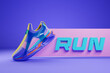 Colorful sneakers  on the sole. The concept of bright fashionable sneakers, 3D rendering.