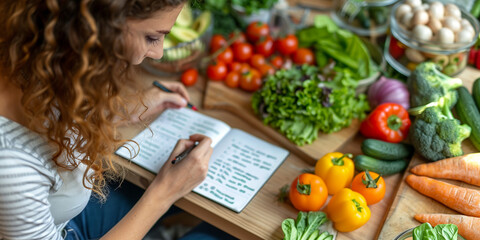 Wall Mural - Wellbeing of health with good food control concept. Woman writing the meal note and plan to eat during diet program to loss weight goal for balance nutrition and calories. healthy eating concept. 