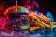 A BBQ burger and seasoned fries, illuminated by a dramatic arrangement of projection lighting, showcasing the succulent meat and smoky flavors in an array of cyan, red, and blue. 