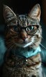 © sergio - A cat wearing horn-rimmed glasses and a blue scarf is looking at the camera. AI.