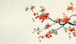 Red flowers on a branch on a light background. Traditional Chinese painting. Banner