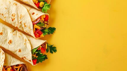 Canvas Print - Flat lay burrito tortilla Mexican food wrapped flat bread copy space isolated