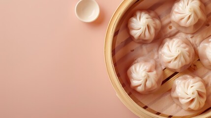 Poster - Flat lay dim sum on rattan basket traditional food oriental copy space isolated background