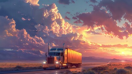 Wall Mural - Road Trip Serenity: Semi-Truck in Mountain Sunset