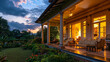 Luxury residence evening charm inside warmth lavish porch furniture and immaculate garden.