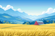 Illustration of countryside scene with golden fields of wheat, a red barn in the distance, surrounded by lush greenery and majestic mountains under a clear sky, agricultural abundance