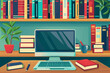 Illustration of a well-organized workspace with a computer amidst books and other elements, productivity, study,  home office, remote work