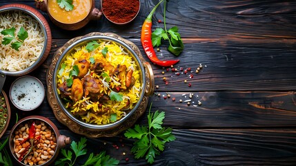 Delicious and spicy indian meat biryani in traditional pot, wood background.