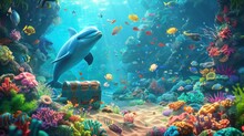 An Enchanting Underwater Digital Art Piece Featuring A Smiling Dolphin, Colorful Fish, And A Treasure Chest Among Coral Reefs.