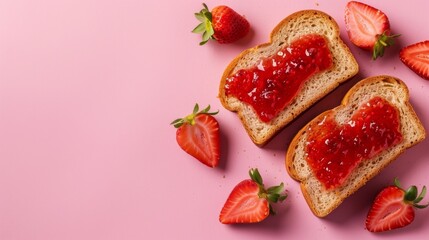 Flat lay loaf bread strawberry jam fruit for simple breakfast copy space isolated pink