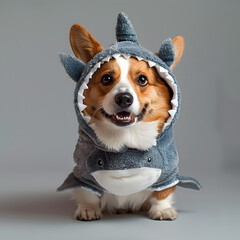 Wall Mural - A dog is wearing a shark costume and is smiling