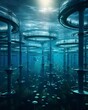 Underwater view of a fish farm, showing the environment and structures that support the growth and safety of aquatic species