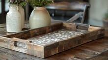 An Elegant Serving Tray Crafted From Reclaimed Wood And Lined With Mosaic Pieces Of Ceramic Creating A Stunning Mosaic Effect..