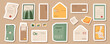 © moonnoon - Flat craft mail and letter sticker pack design, trendy style paper envelope with invitation and document patch template, creative handmade letter badge set, cartoon mailbox and postcard stamp.