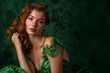 © Soraya - fashion beautiful young woman in green dress, long hair, freckled face for advertising illustrations website or print