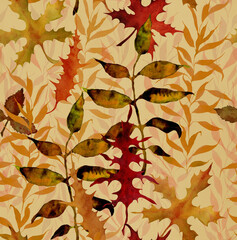 Wall Mural - Seamless watercolor pattern with hand drawn bright yellow red and orange leaves on a beige background. Autumn illustration for holiday cards, textiles, gift wrapping, print, home products.