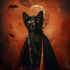 Wall Mural - A black cat is wearing a cape and standing in front of a moon. The image has a Halloween theme