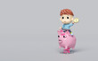 Playground piggy bank spring rider with boy, dollar gold coin isolated on grey background. 3d render illustration