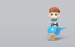 Playground whale spring rider with boy isolated on grey background. 3d render illustration