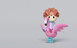 Playground flamingo spring rider with girl isolated on grey background. 3d render illustration