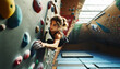 Woman determined to do climbing indoor rock wall