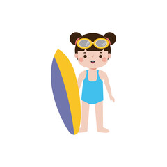 Wall Mural - cute surfer kid character with surfboard on beach. Happy young surfer on the crest wave, flat vector illustration isolated on white background summer time 