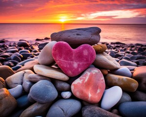 Poster - Romantic sunset over the ocean with heart-shaped stones