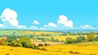 Grass Field landscape with blue sky and white cloud. Blue sky clouds sunny day wallpaper. Grass Field with farm in blue sky. green field in a day. farm landscape. village landscape with blue sky.