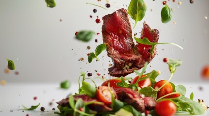 Canvas Print - Piece of meat is being tossed in salad with tomatoes and greens