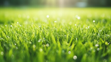 Poster - Field of green grass with few drops of water on it