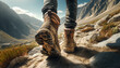 Close up of hiker feet walking outdoors in mountain