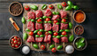 raw beef skewer for barbecue with basil and tomatoes