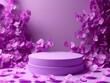 Podium mockup, product display podium, background with flying purple petals, 3d render