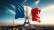 French waving flag, beautiful panoramic view of Paris city landscape
